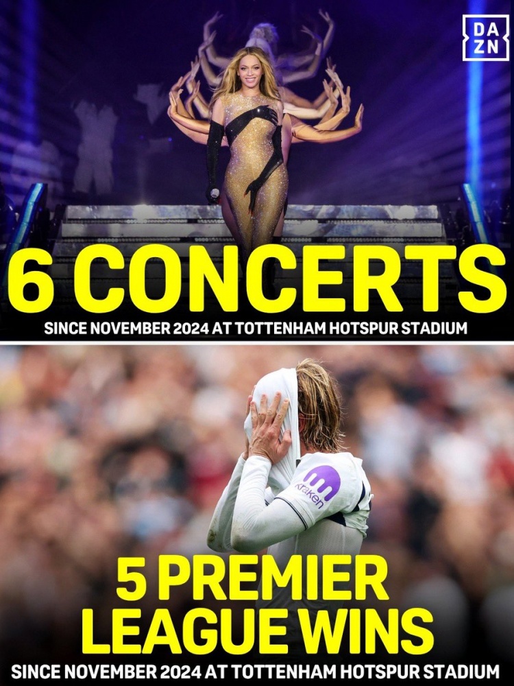 角度刁钻!在热刺主场,碧昂丝24年11月来演出6场而热刺英超赢5场