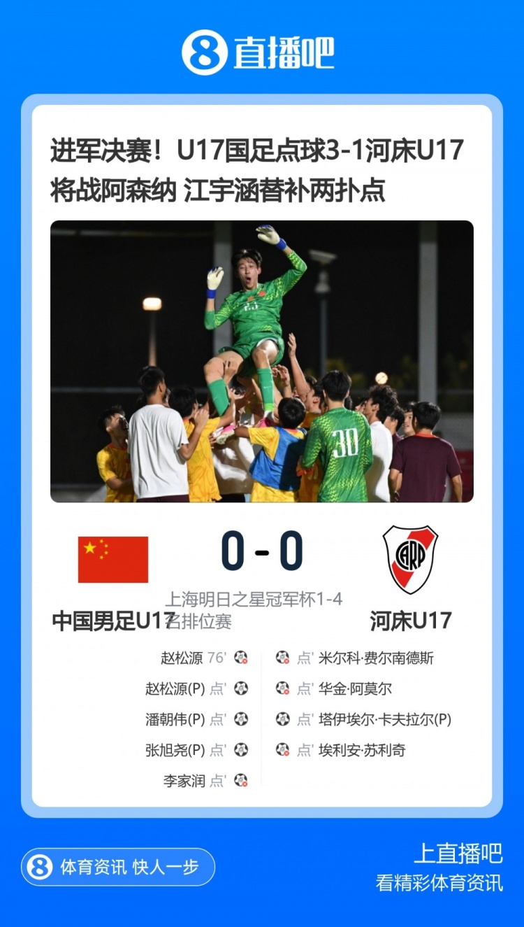 北青:U17国足5天4战考验很大,换上门将江宇涵扑点球非常明智