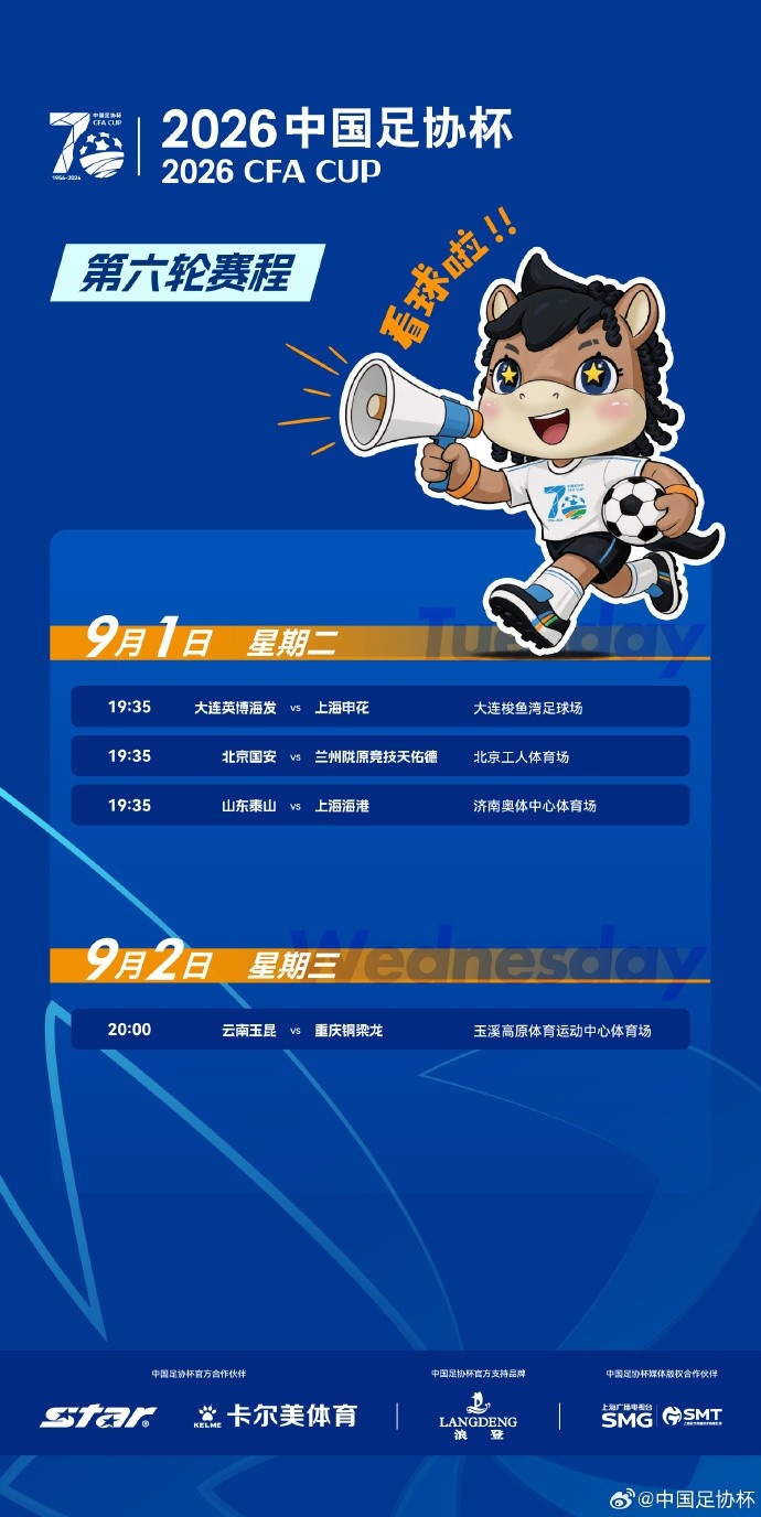 足协杯1/4决赛赛程:英博vs申花、泰山vs海港9月1日19:35开球