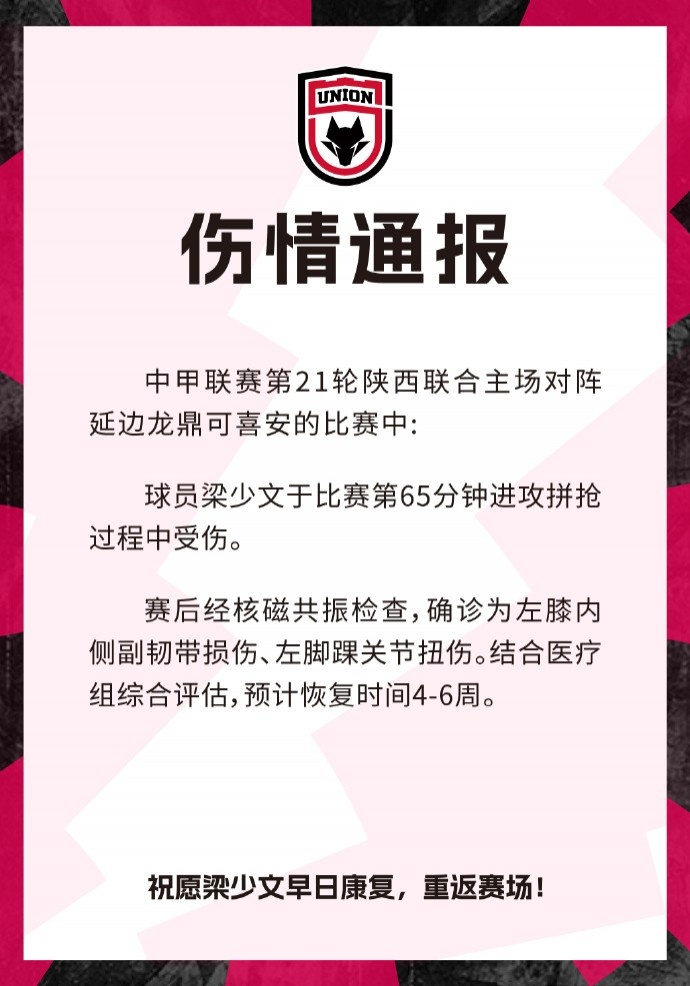 陕西联合官方:梁少文左膝内侧副韧带损伤,预计恢复时间4-6周